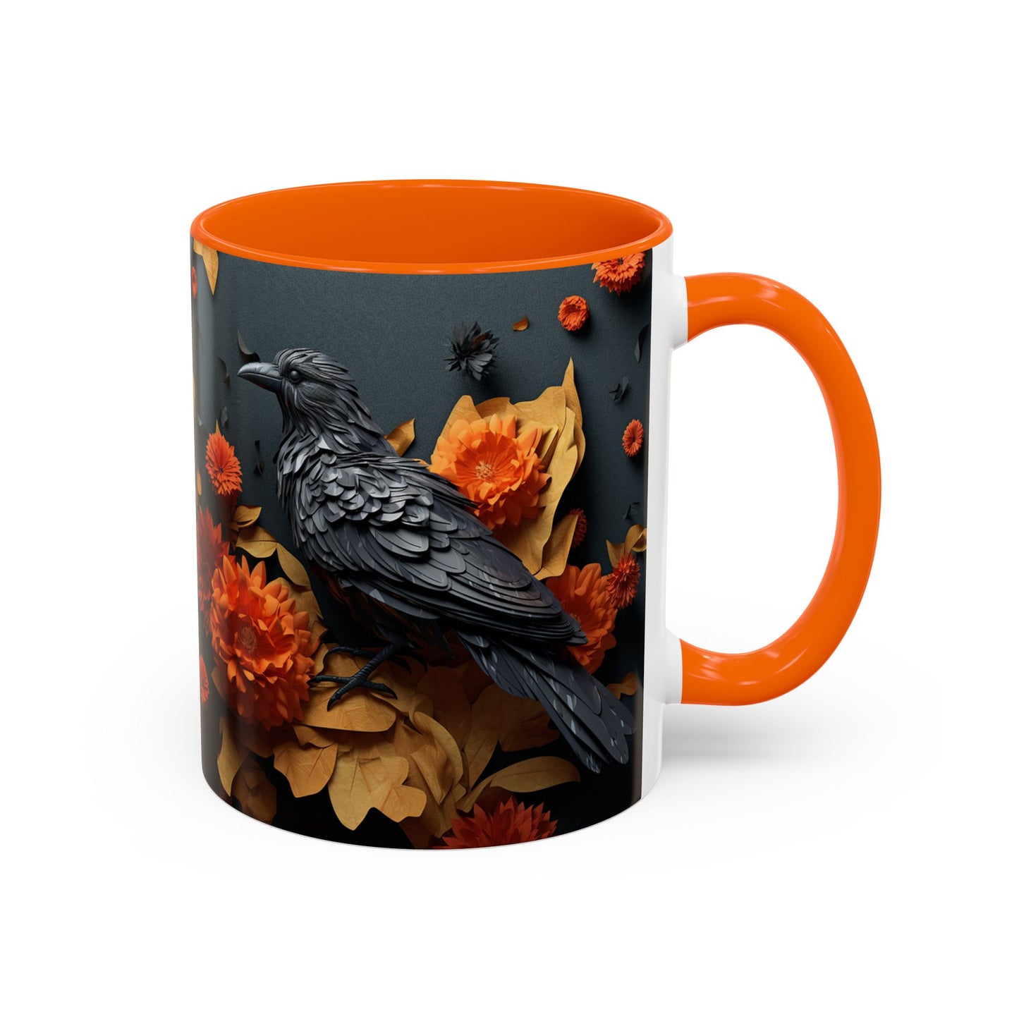 Autumn Raven Accent Coffee Mug — Black Crow & Orange Chrysanthemums (11/15oz)