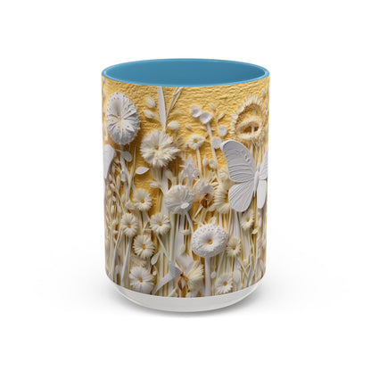 White Floral Relief with Butterflies Accent Mug | 11oz 15oz