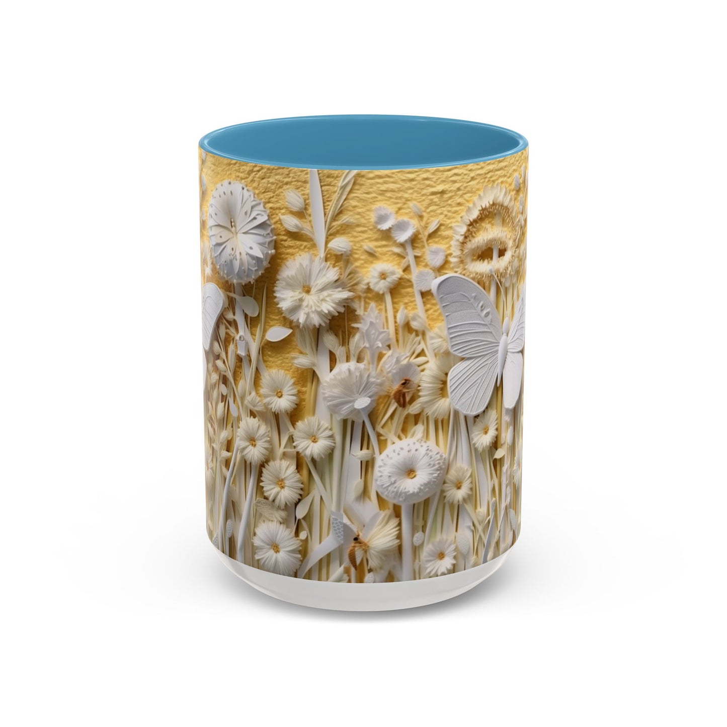 White Floral Relief with Butterflies Accent Mug | 11oz 15oz