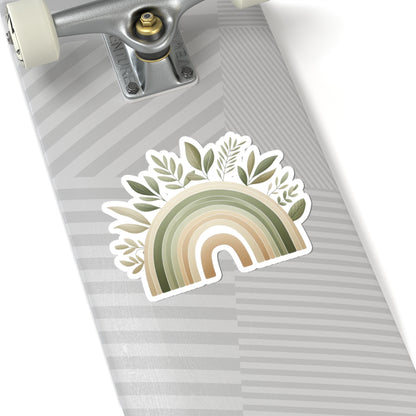 Neutral Boho Rainbow Kiss-Cut Sticker — Green Earthy Leaves Decal