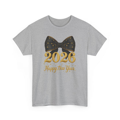 2026 Happy New Year T-Shirt — Gold Numbers with Black Sparkle Bow