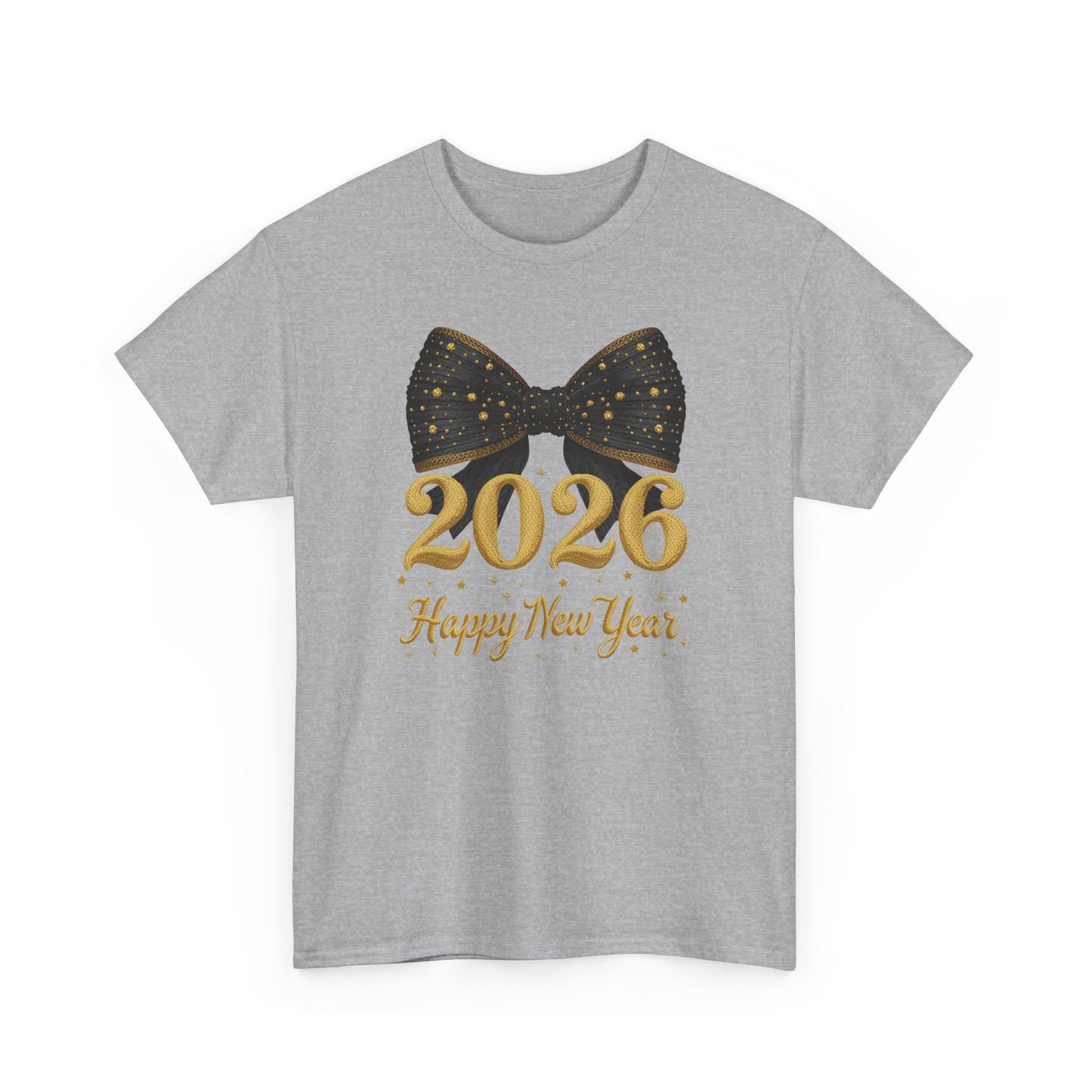2026 Happy New Year T-Shirt  Gold Numbers with Black Sparkle Bow