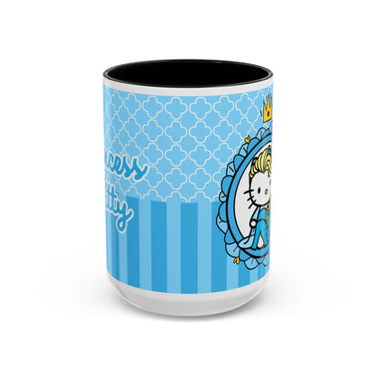 Princess Cat Illustration Accent Coffee Mug | Blue Striped Ceramic