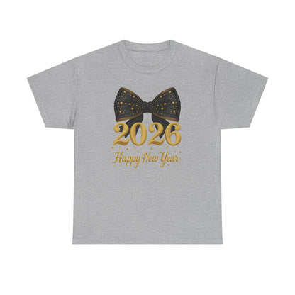 2026 Happy New Year T-Shirt — Gold Numbers with Black Sparkle Bow