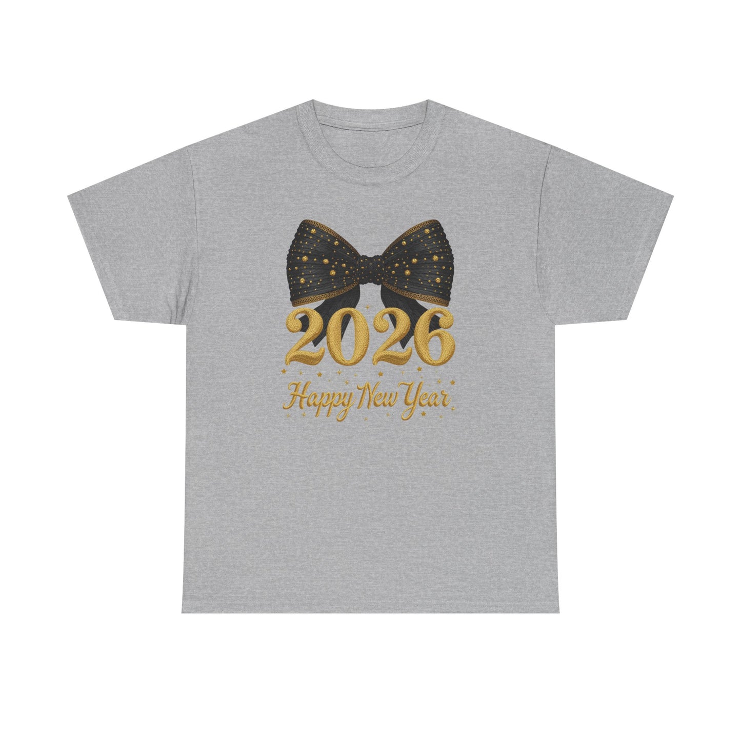 2026 Happy New Year T-Shirt  Gold Numbers with Black Sparkle Bow