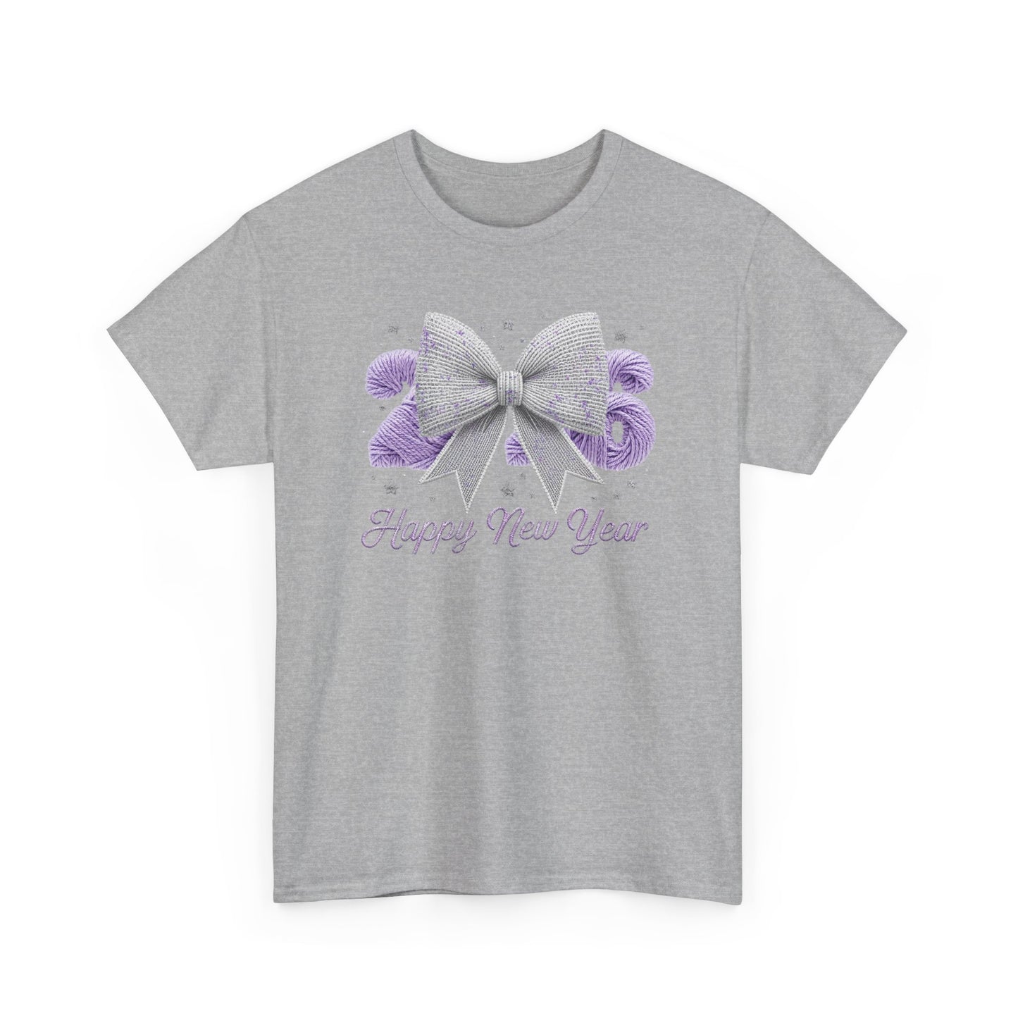 Happy New Year Bow T-Shirt — Silver Glitter Bow with Purple Confetti Tee