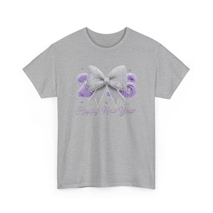 Happy New Year Bow T-Shirt — Silver Glitter Bow with Purple Confetti Tee
