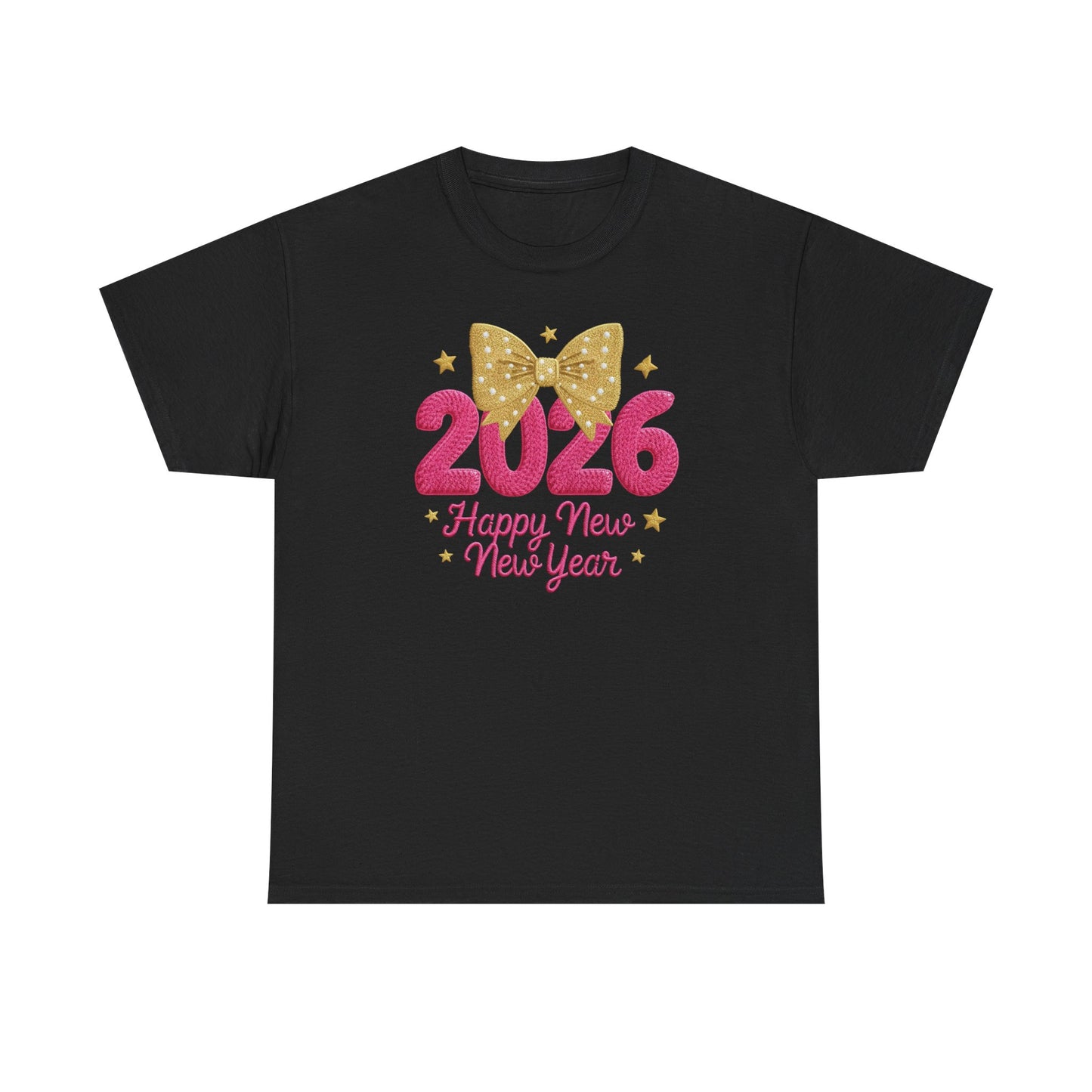 2026 Happy New Year T-Shirt — Pink & Gold Bow Celebration Tee