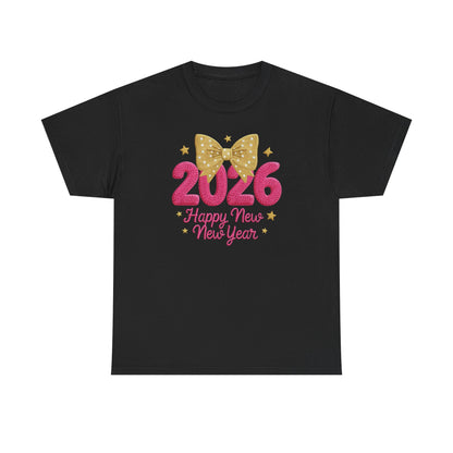 2026 Happy New Year T-Shirt — Pink & Gold Bow Celebration Tee