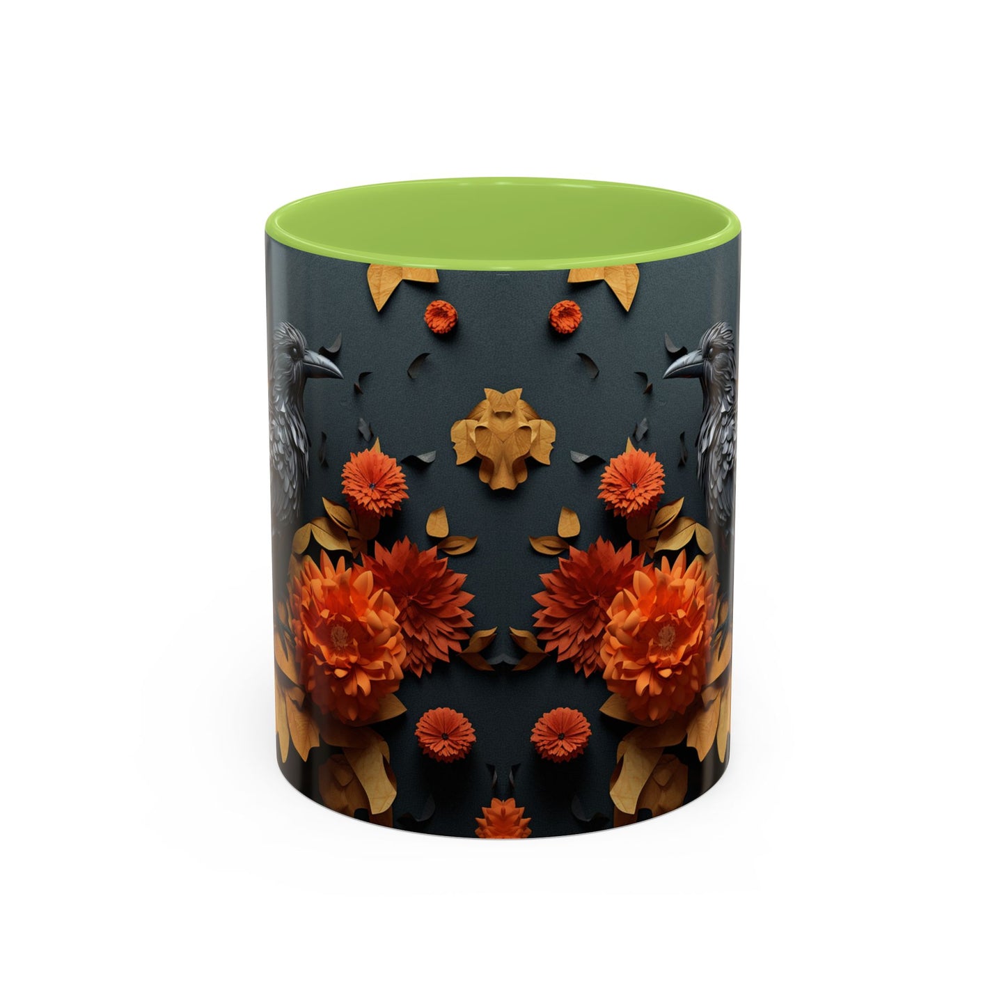 Autumn Raven Accent Coffee Mug — Black Crow & Orange Chrysanthemums (11/15oz)