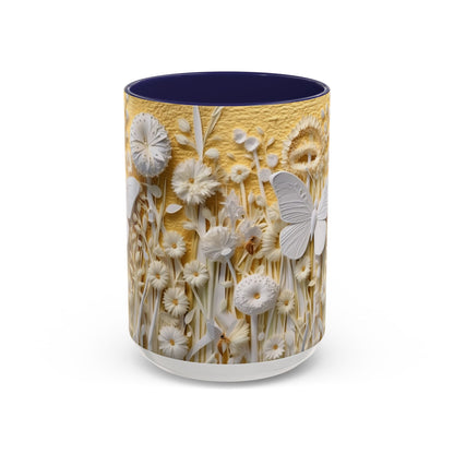 White Floral Relief with Butterflies Accent Mug | 11oz 15oz