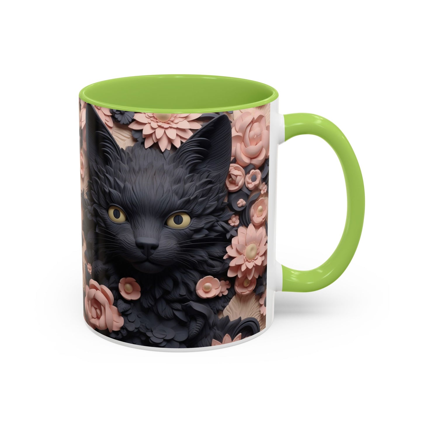 Black Cat & Pink Roses Accent Coffee Mug — 11/15oz Floral Cat Art