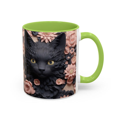 Black Cat & Pink Roses Accent Coffee Mug — 11/15oz Floral Cat Art