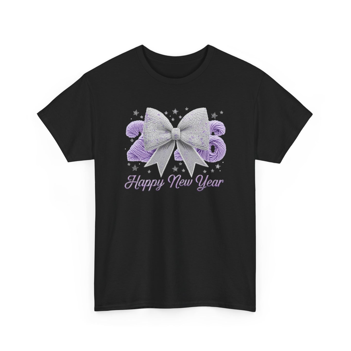 Happy New Year Bow T-Shirt — Silver Glitter Bow with Purple Confetti Tee