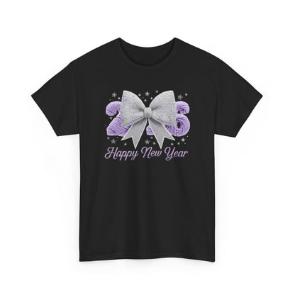 Happy New Year Bow T-Shirt — Silver Glitter Bow with Purple Confetti Tee