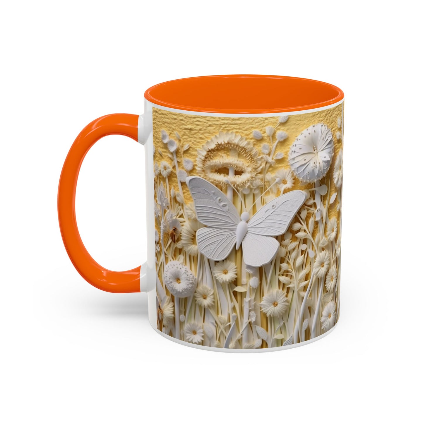 White Floral Relief with Butterflies Accent Mug | 11oz 15oz