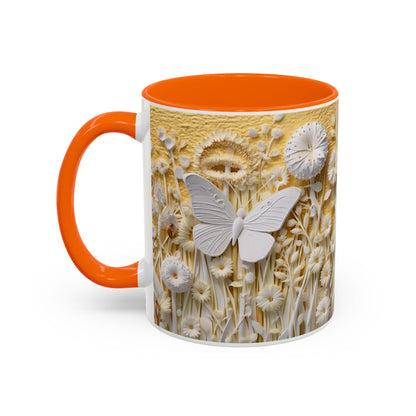 White Floral Relief with Butterflies Accent Mug | 11oz 15oz