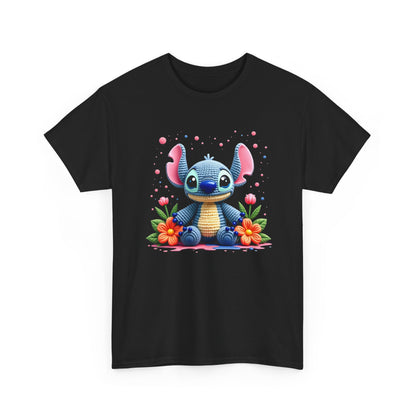 Cute Blue Alien Character Tee | Sitting Stitch-Inspired Design, Floral Accents