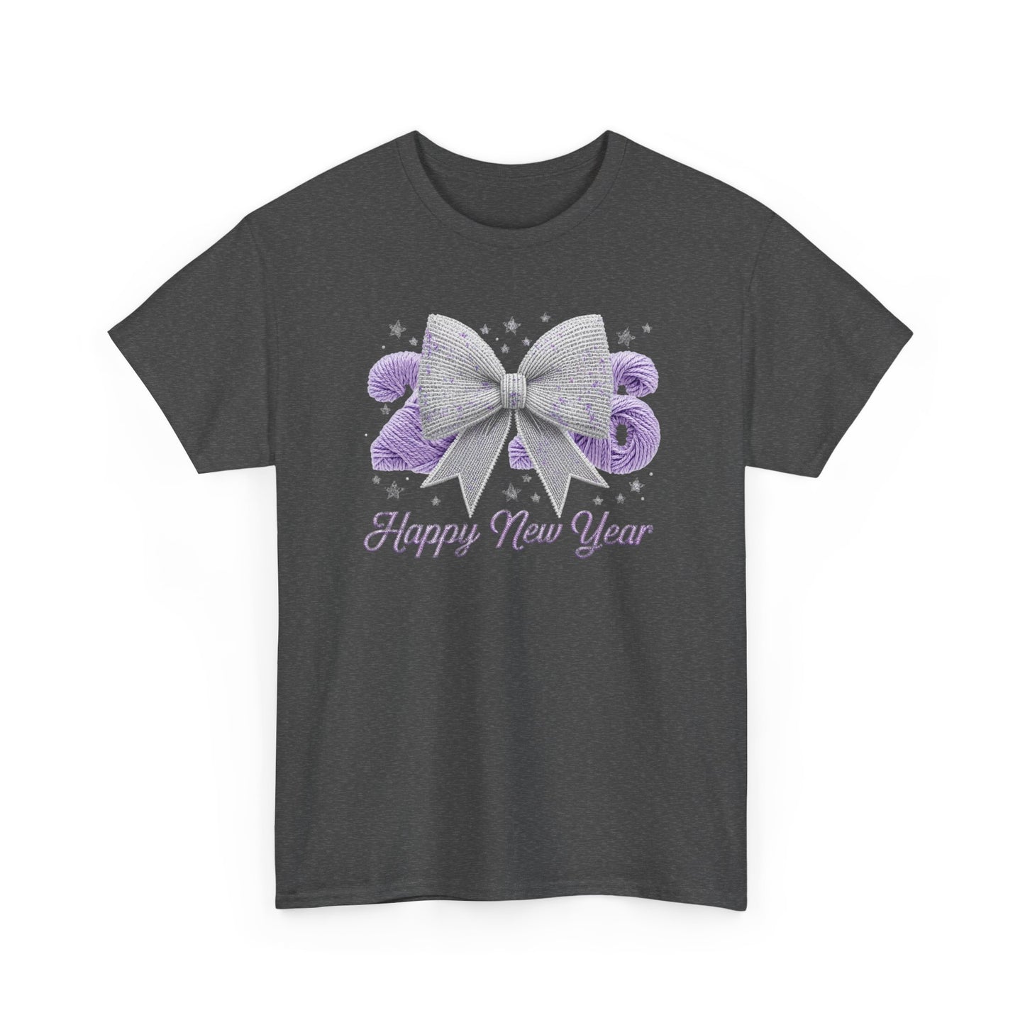 Happy New Year Bow T-Shirt Silver Glitter Bow with Purple Confetti Tee
