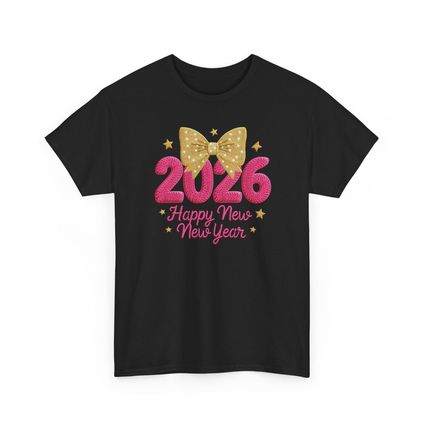 2026 Happy New Year T-Shirt — Pink & Gold Bow Celebration Tee