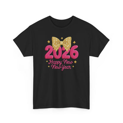 2026 Happy New Year T-Shirt — Pink & Gold Bow Celebration Tee