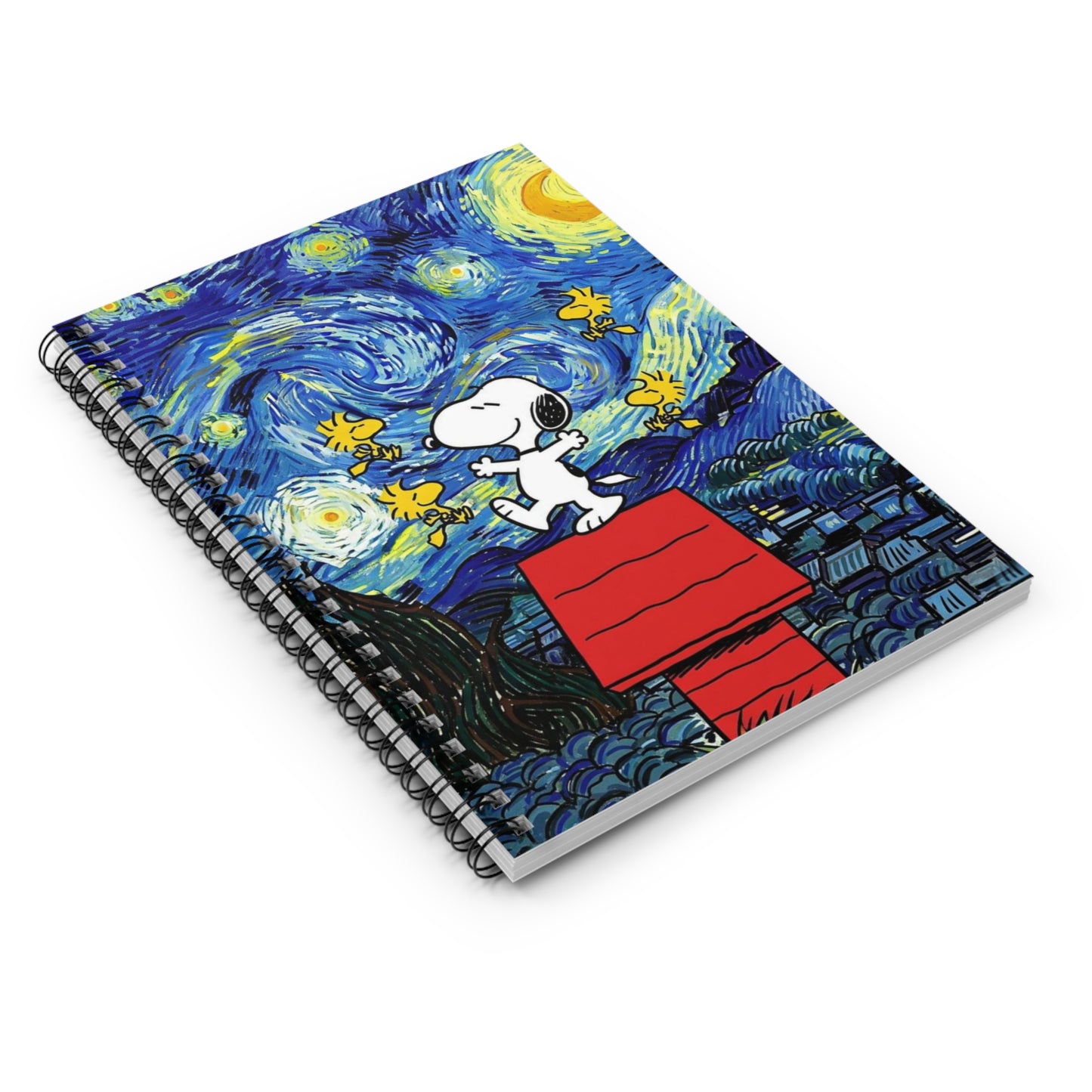 Dancing Beagle on Red Doghouse Spiral Notebook | Starry Night Style