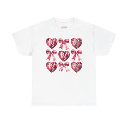 Pink Sequin Hearts & Bows T-Shirt | Valentine Heart Pattern Tee