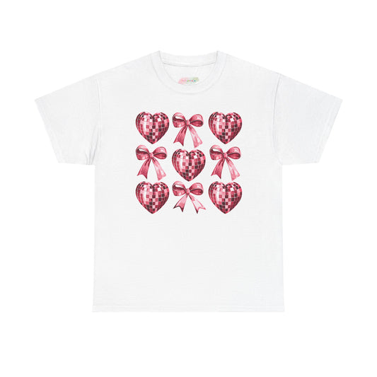 Pink Sequin Hearts & Bows T-Shirt | Valentine Heart Pattern Tee