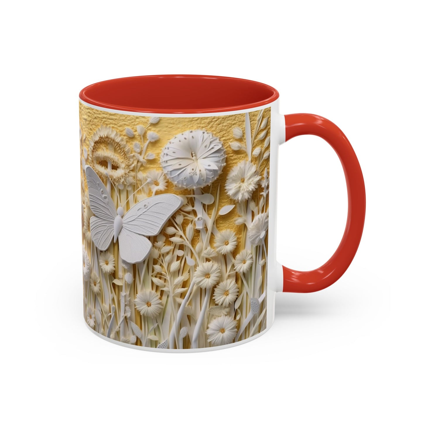 White Floral Relief with Butterflies Accent Mug | 11oz 15oz