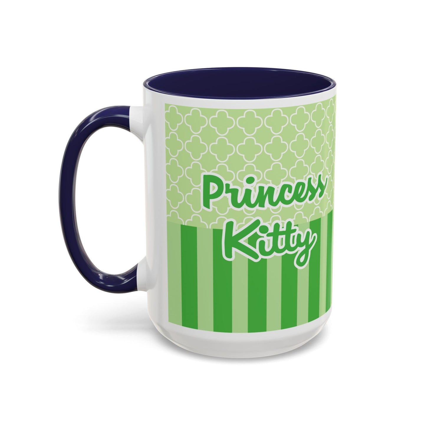 Princess Cat Illustration Accent Coffee Mug | Green Stripes