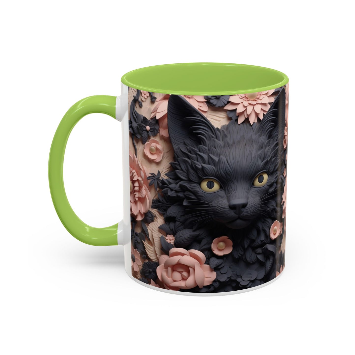 Black Cat & Pink Roses Accent Coffee Mug — 11/15oz Floral Cat Art