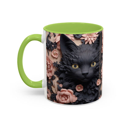 Black Cat & Pink Roses Accent Coffee Mug — 11/15oz Floral Cat Art