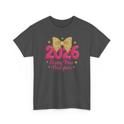 2026 Happy New Year T-Shirt Pink & Gold Bow Celebration Tee
