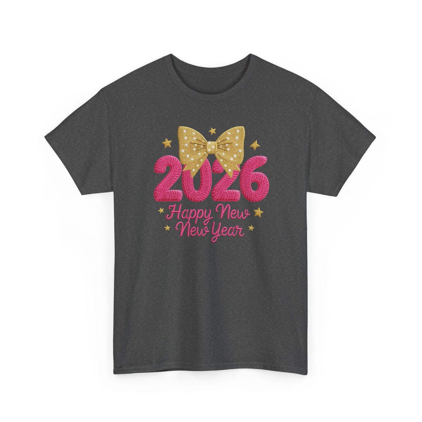 2026 Happy New Year T-Shirt Pink & Gold Bow Celebration Tee