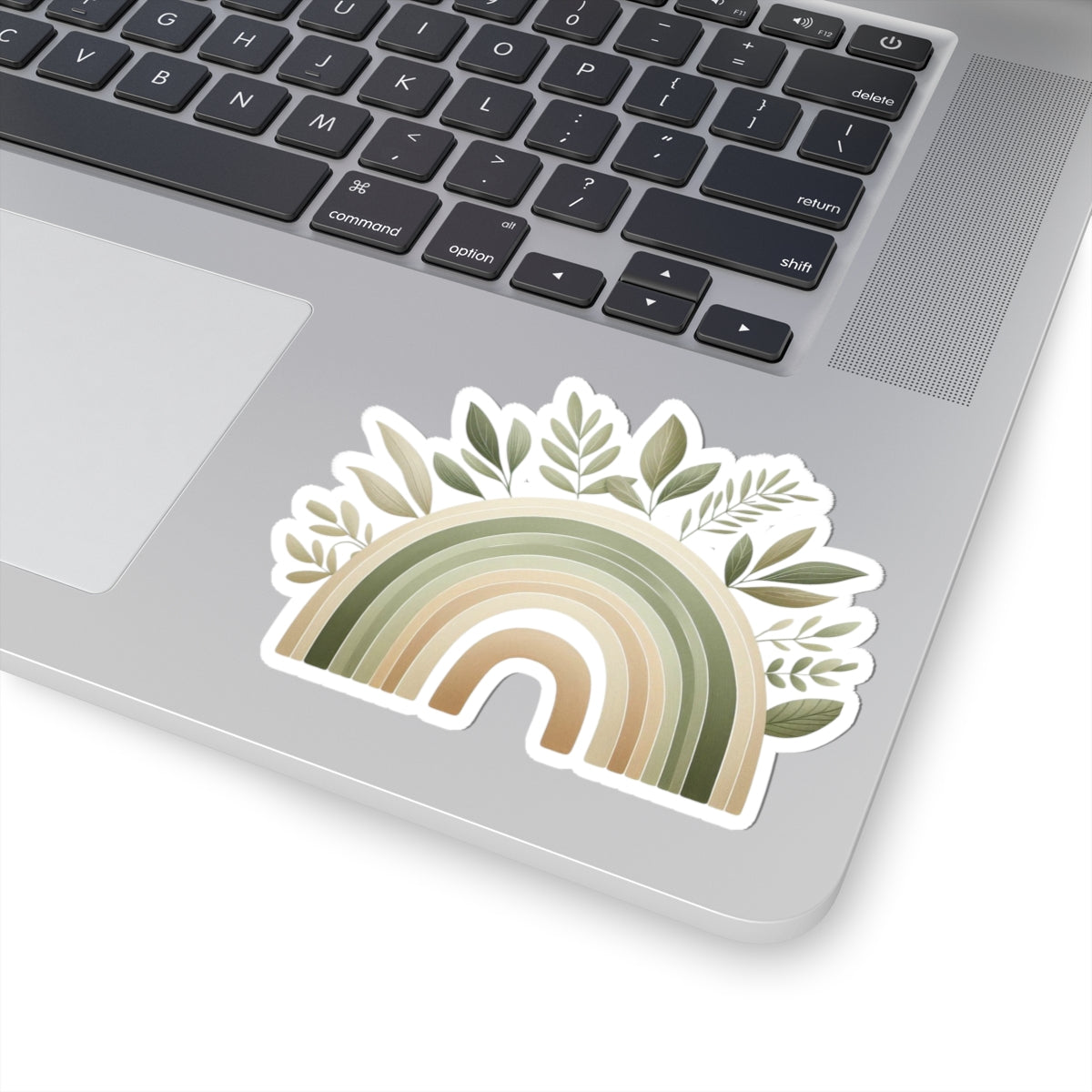 Neutral Boho Rainbow Kiss-Cut Sticker — Green Earthy Leaves Decal