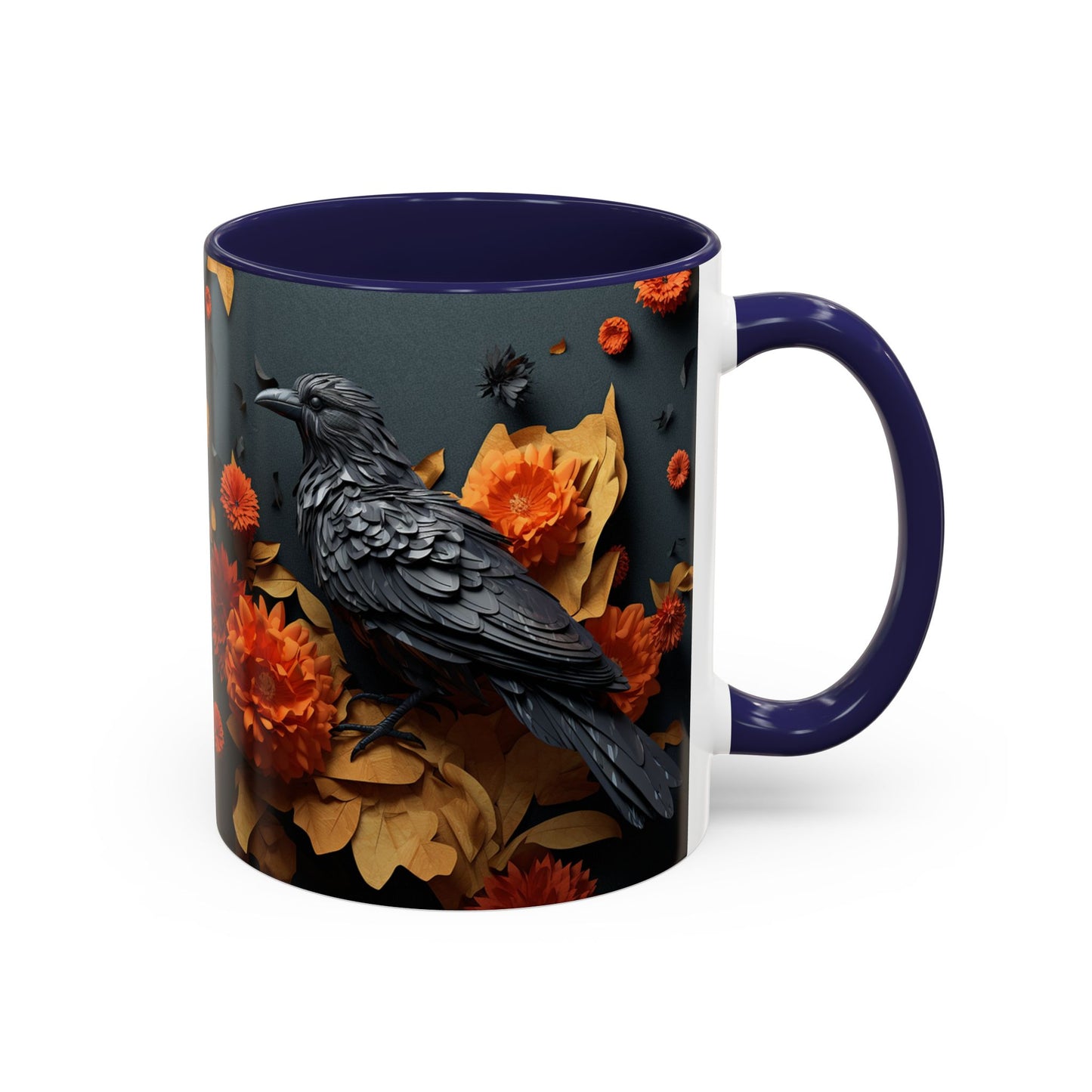 Autumn Raven Accent Coffee Mug — Black Crow & Orange Chrysanthemums (11/15oz)