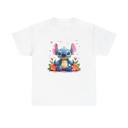 Cute Blue Alien Character Tee | Sitting Stitch-Inspired Design, Floral Accents