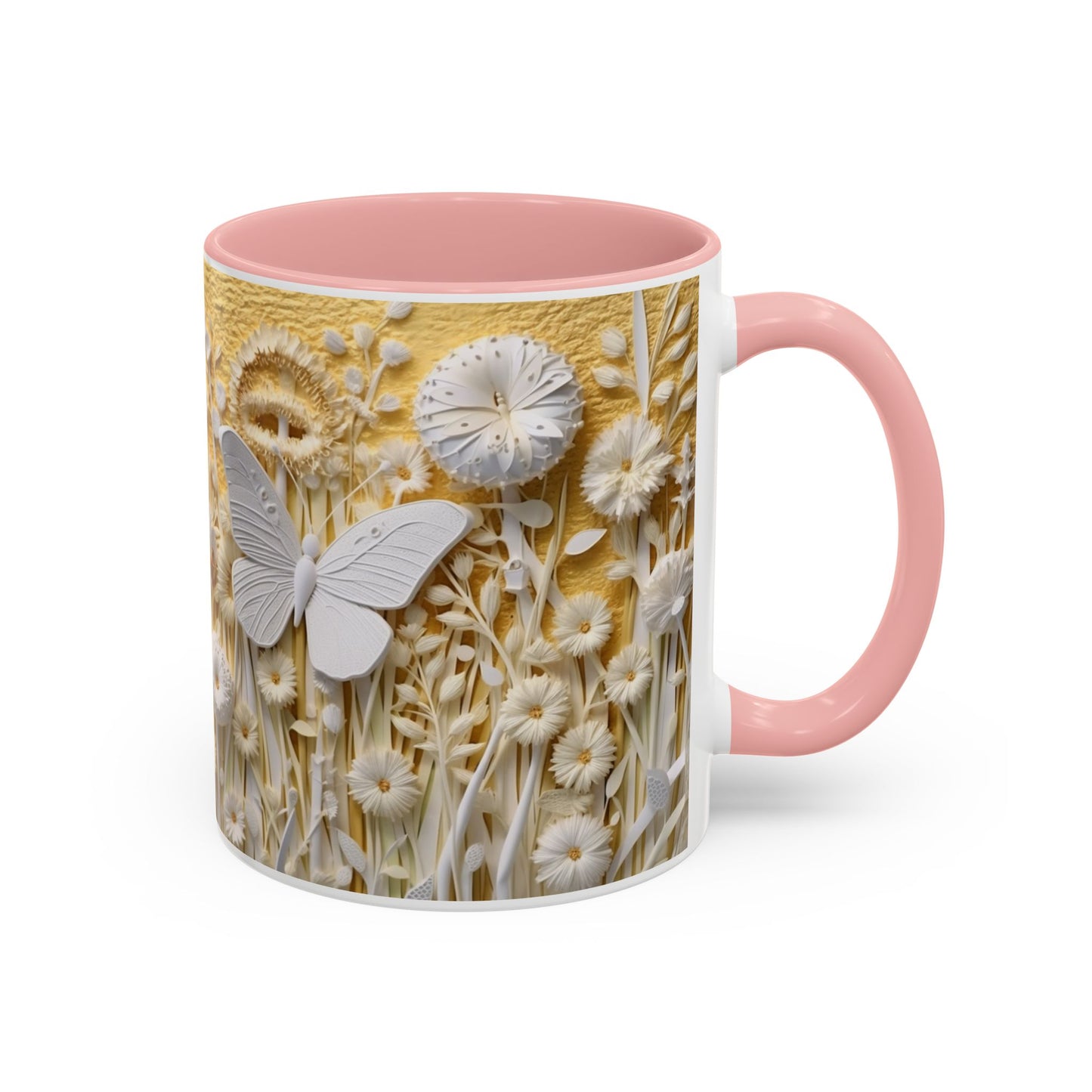 White Floral Relief with Butterflies Accent Mug | 11oz 15oz