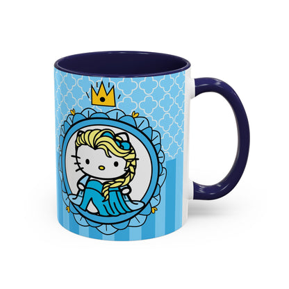 Princess Cat Illustration Accent Coffee Mug | Blue Striped Ceramic