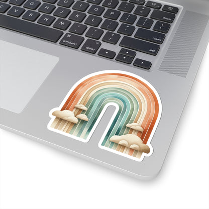 Boho Rainbow Kiss-Cut Sticker — Retro Earth Tones Rainbow with Clouds