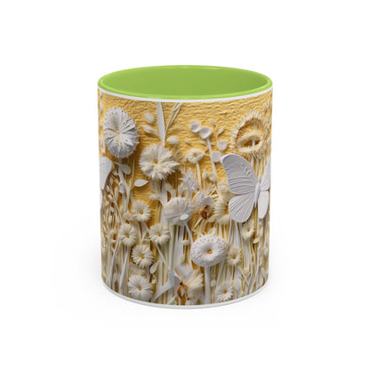 White Floral Relief with Butterflies Accent Mug | 11oz 15oz