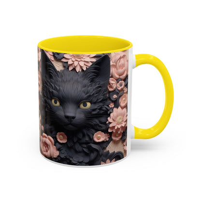 Black Cat & Pink Roses Accent Coffee Mug — 11/15oz Floral Cat Art