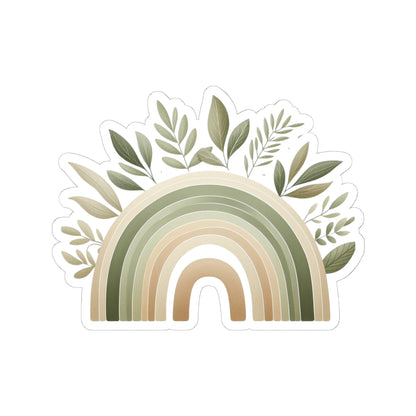 Neutral Boho Rainbow Kiss-Cut Sticker — Green Earthy Leaves Decal