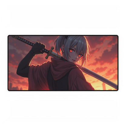 Anime Samurai Desk Mat — Red Sunset Sword Girl Gaming Mouse Pad (Large)