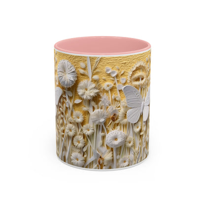 White Floral Relief with Butterflies Accent Mug | 11oz 15oz