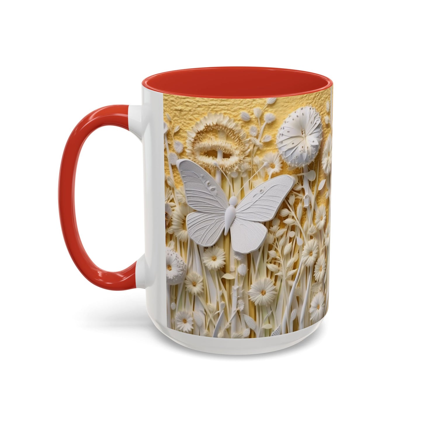 White Floral Relief with Butterflies Accent Mug | 11oz 15oz