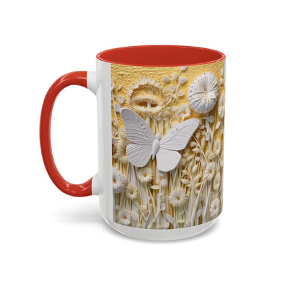 White Floral Relief with Butterflies Accent Mug | 11oz 15oz