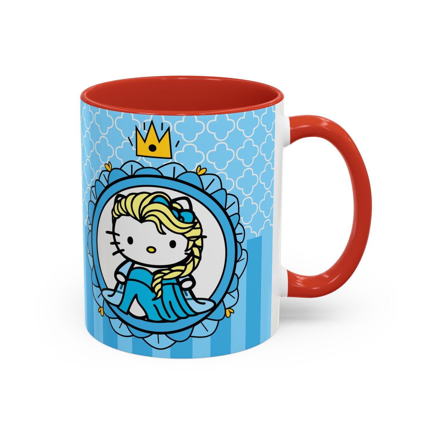 Princess Cat Illustration Accent Coffee Mug | Blue Striped Ceramic