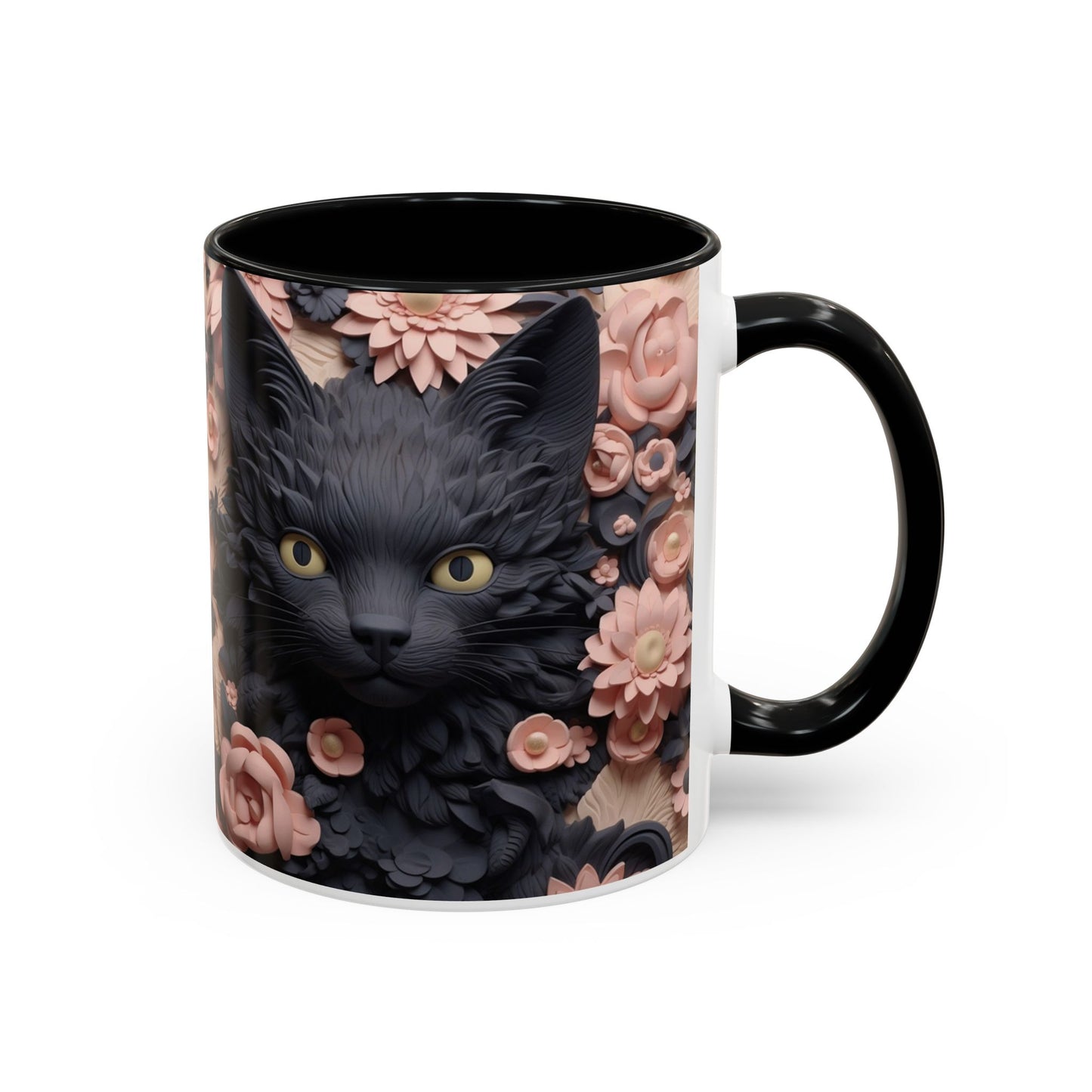 Black Cat & Pink Roses Accent Coffee Mug — 11/15oz Floral Cat Art