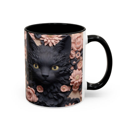 Black Cat & Pink Roses Accent Coffee Mug — 11/15oz Floral Cat Art